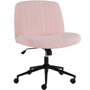 criss cross legged chair with wheels, home office desk chair wide seat fabric armless height adjustable 360° swivel chair for vanity/work, faux fur pink