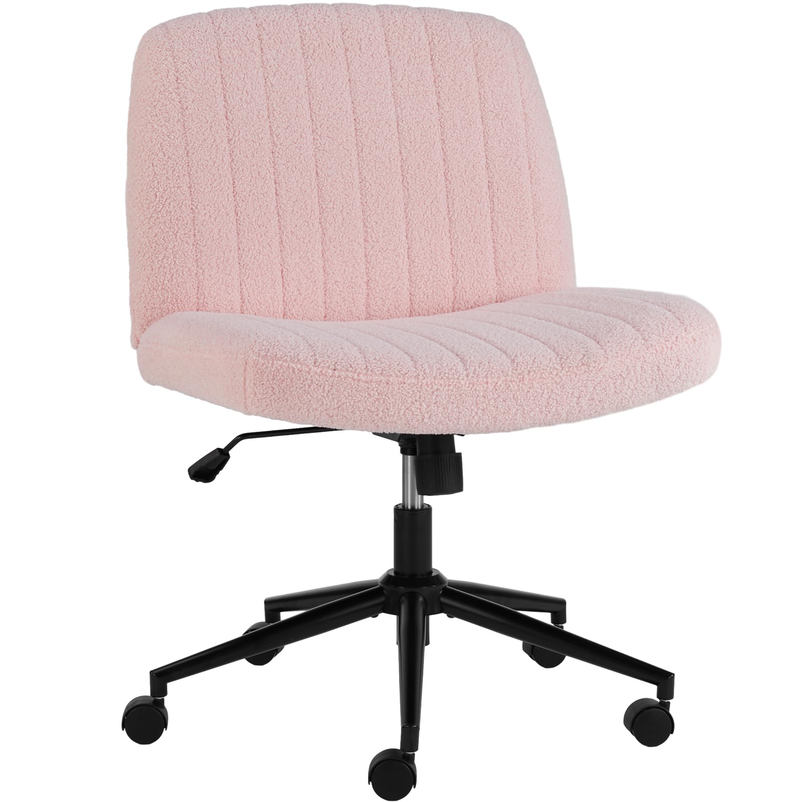 Criss Cross Legged Chair with Wheels, Home Office Desk Chair Wide Seat Fabric Armless Height Adjustable 360° Swivel Chair for Vanity/Work, Faux Fur Pink