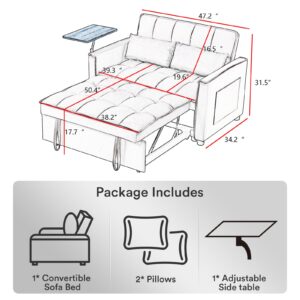 Rovibek 3 in 1 Sleeper Sofa Couch Bed Pull Out Sofa Bed Convertible Futon Loveseat Velvet 2 Seat Lounge Grey for Living Room, with Adjustable Backrest 2 Pillows Side Table