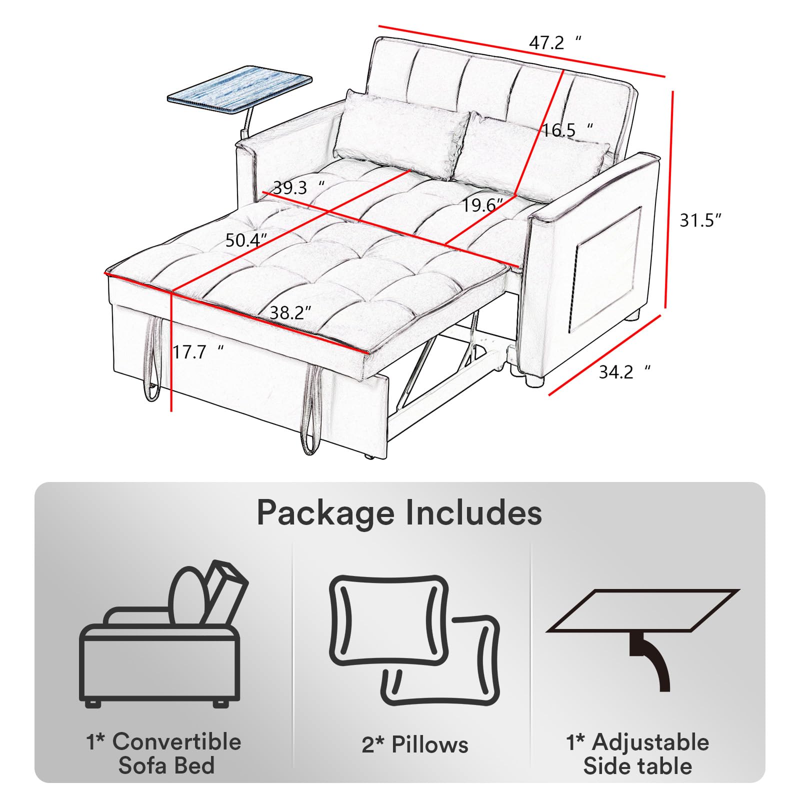 Rovibek 3 in 1 Sleeper Sofa Couch Bed Pull Out Sofa Bed Convertible Futon Loveseat Velvet 2 Seat Lounge Grey for Living Room, with Adjustable Backrest 2 Pillows Side Table