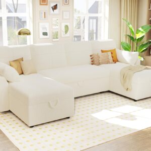 PaPaJet 110 Inch Sleeper Sofa, Oversized Pull Out Couch with Double Storage Chaise，U Shape Couches for Living Room-Offwhite Boucle