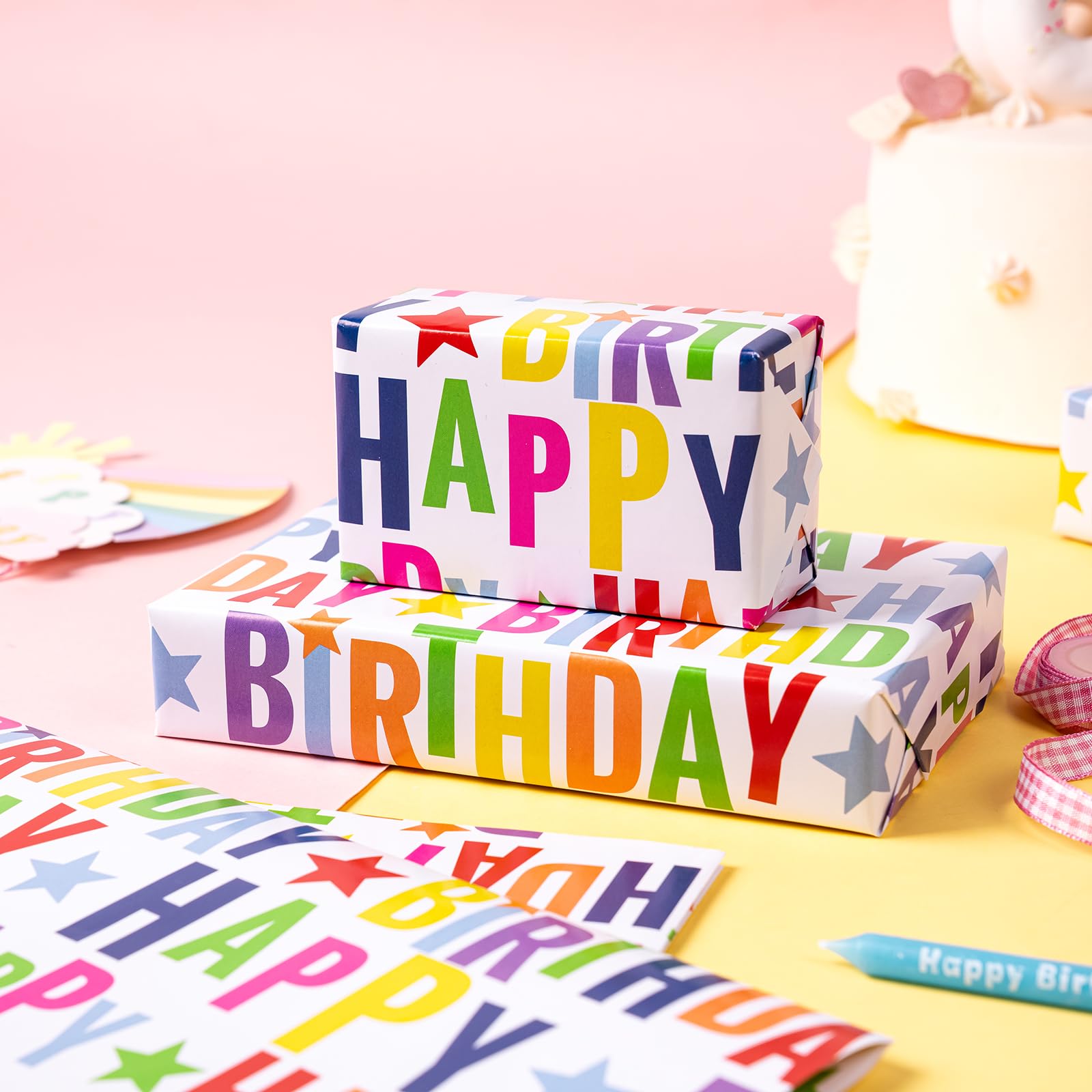 WRAPAHOLIC Birthday Wrapping Paper Sheet - 6 Sheets Colorful Happy Birthday Design Folded Flat for Birthday, Baby Shower, Party, Holiday - 19.7 Inch X 27.5 Inch Per Sheet