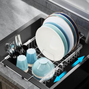 gslife expandable in sink dish drying rack - stainless steel capacity adjustable over the sink dish rack (10.8''-17.9''), dish drainer for kitchen sink counter with utensil holder, silver