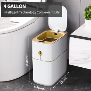 JOYBOS Bathroom Trash Can with Automatic Touchless Lid,4 Gallon Slimline Privacy Garbage Can with Motion Sensor and Waterproof Design for Bathroom, Bedroom, Toilet, Office White with Gold