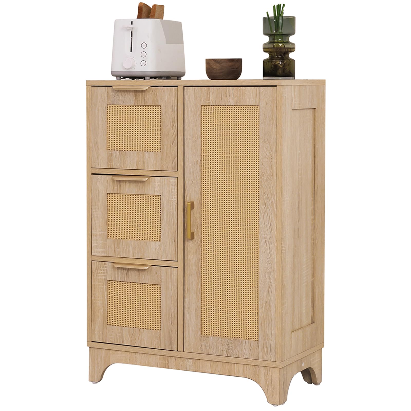 ALBAD Rattan Sideboard Cabinet with Drawers and Doors Boho Narrow Buffet/Storage Cabinets with Wood Adjustable Shelf Farmhouse Coffee Bar Cabinet for Living/Dining Room, Bathroom, Kitchen