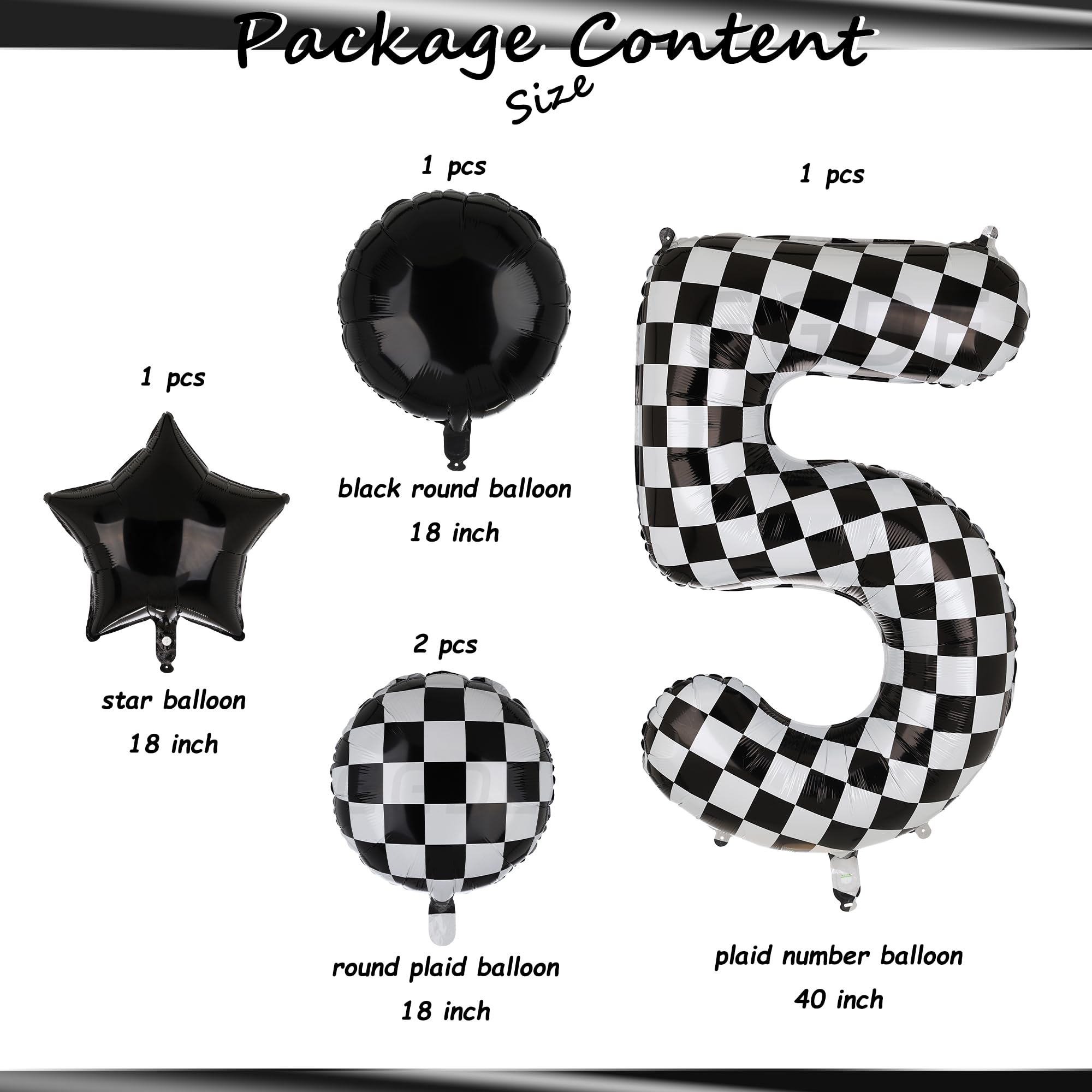 40 Inch Checkered Number Balloon 5 Black and White Race Car Birthday Balloons Baby Hippie Smile Party Shower Boys 5th Birthday Race Car Theme Party Decor Supplies 5 Pcs