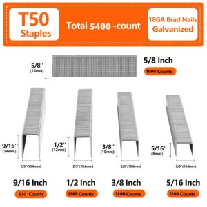 SITLDY Heavy Duty T50 Staples 5400-Count 5 Sizes Includes: 5/16",3/8",1/2",9/16" Staples+5/8" Brad Nails, 20 Gauge Galvanized Assorted Size Project Pack