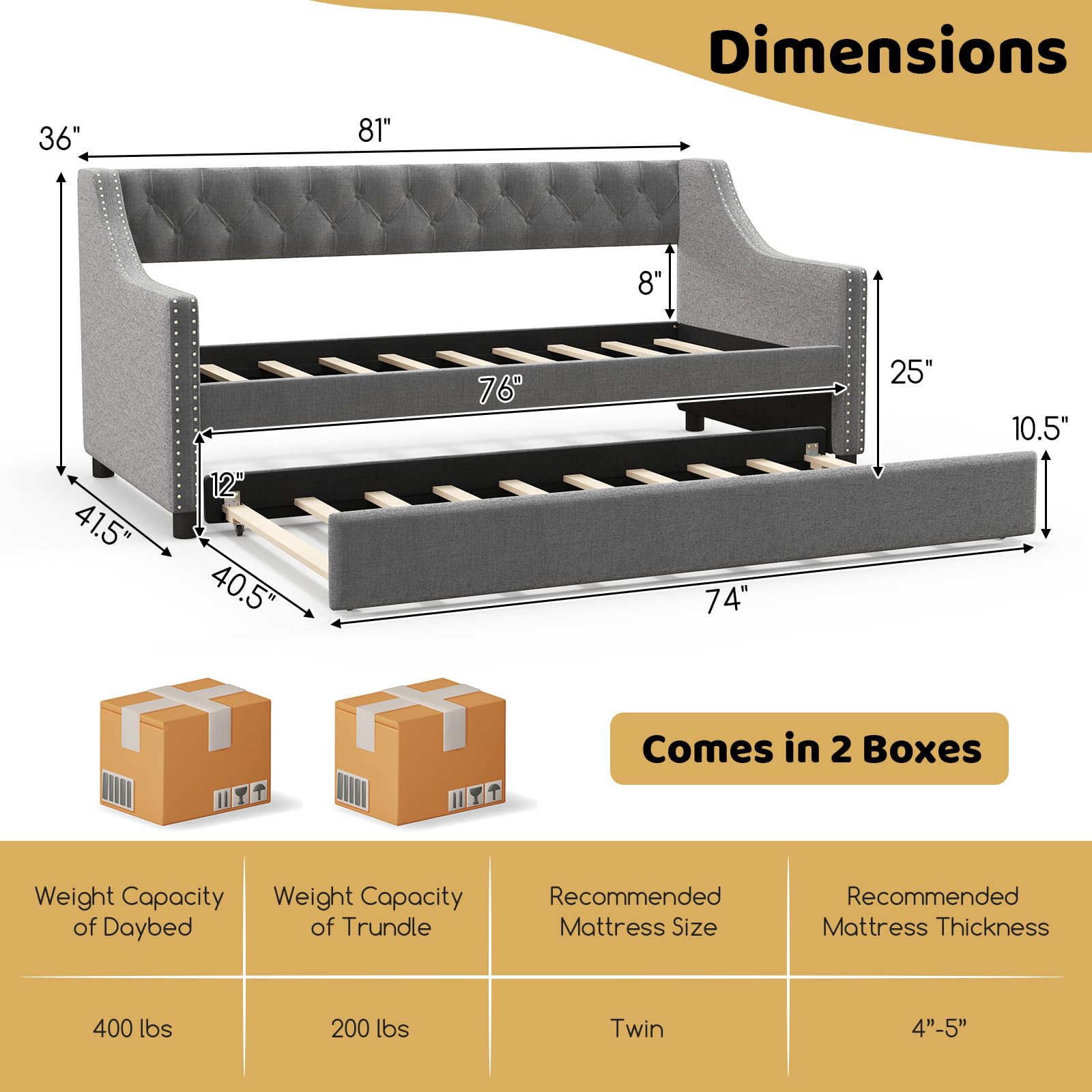 Giantex Upholstered Twin Daybed with Trundle, Modern Trundle Bed with Button Tufted Backrest and Wooden Slat Support, Twin Size Day Bed for Living Room Guest Room, No Box Spring Needed, Grey