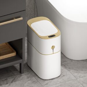 mopall bathroom trash can automatic touchless,small motion sensor trash can with lid,4 gallon white-gold narrow smart garbage can,boho decorative wastebasket for bedroom,home office,bathroom