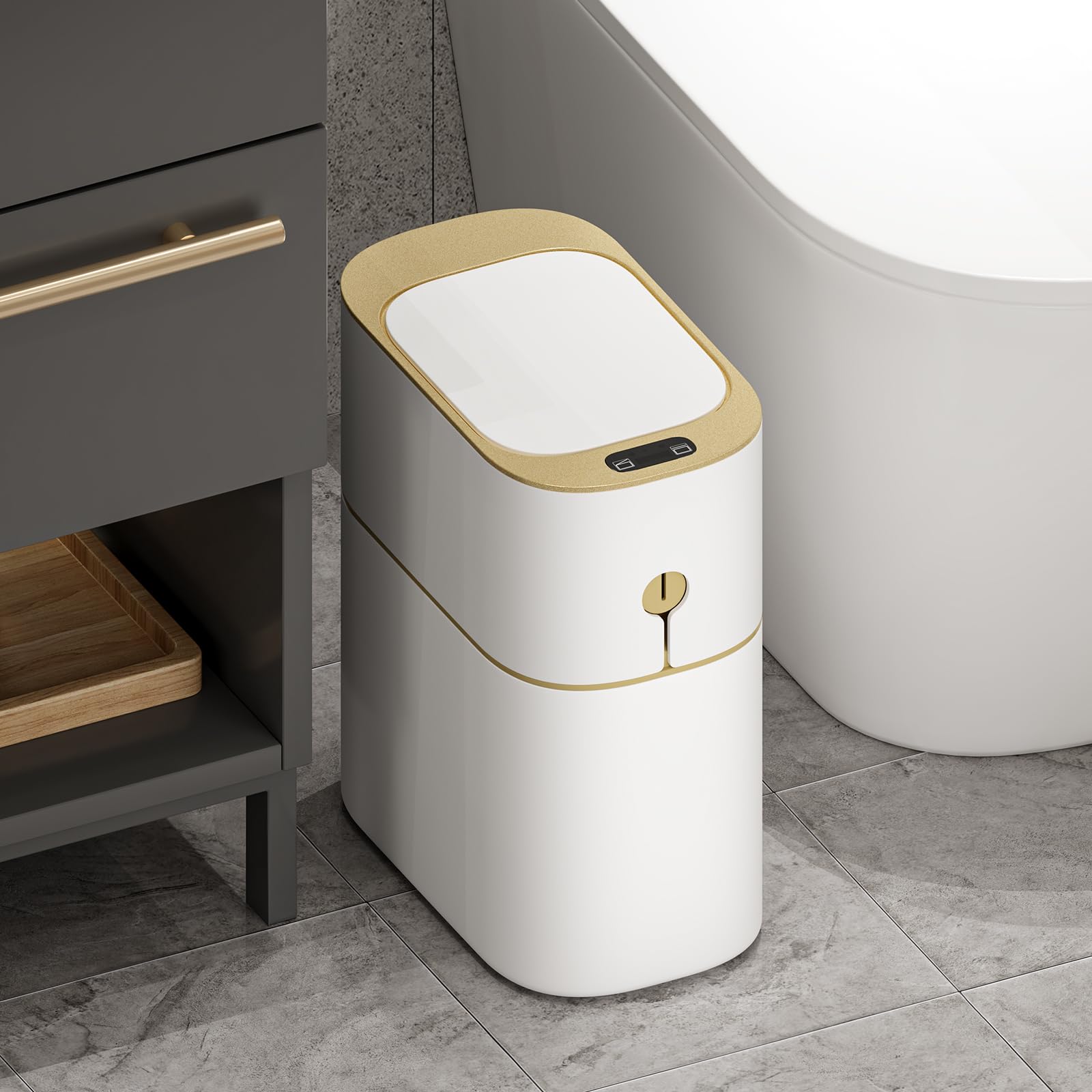 MOPALL Bathroom Trash Can Automatic Touchless,Small Motion Sensor Trash Can with Lid,4 Gallon White-Gold Narrow Smart Garbage Can,Boho Decorative Wastebasket for Bedroom,Home Office,Bathroom