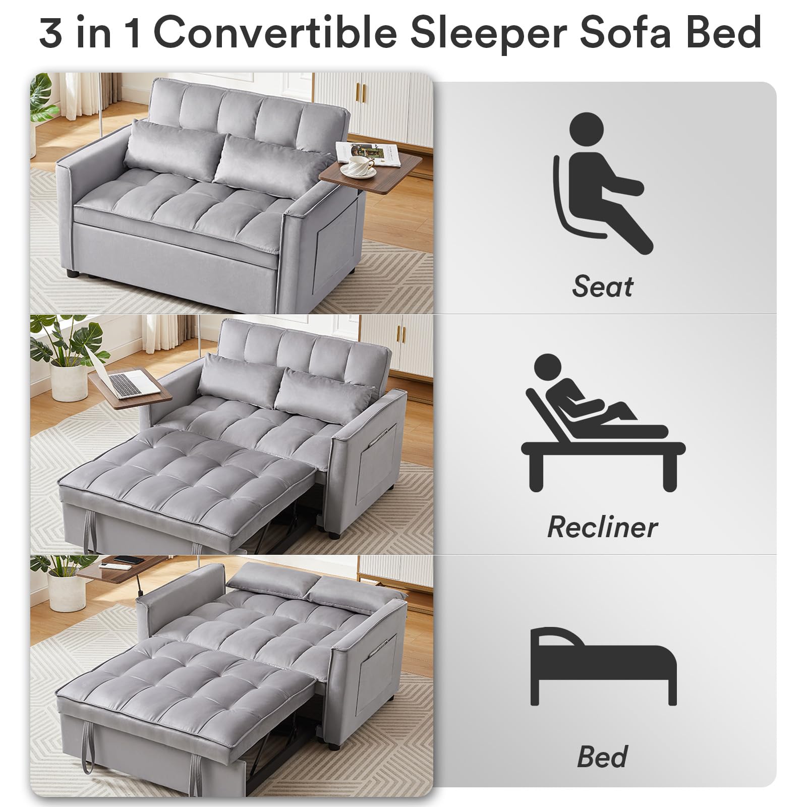 Rovibek 3 in 1 Sleeper Sofa Couch Bed Pull Out Sofa Bed Convertible Futon Loveseat Velvet 2 Seat Lounge Grey for Living Room, with Adjustable Backrest 2 Pillows Side Table