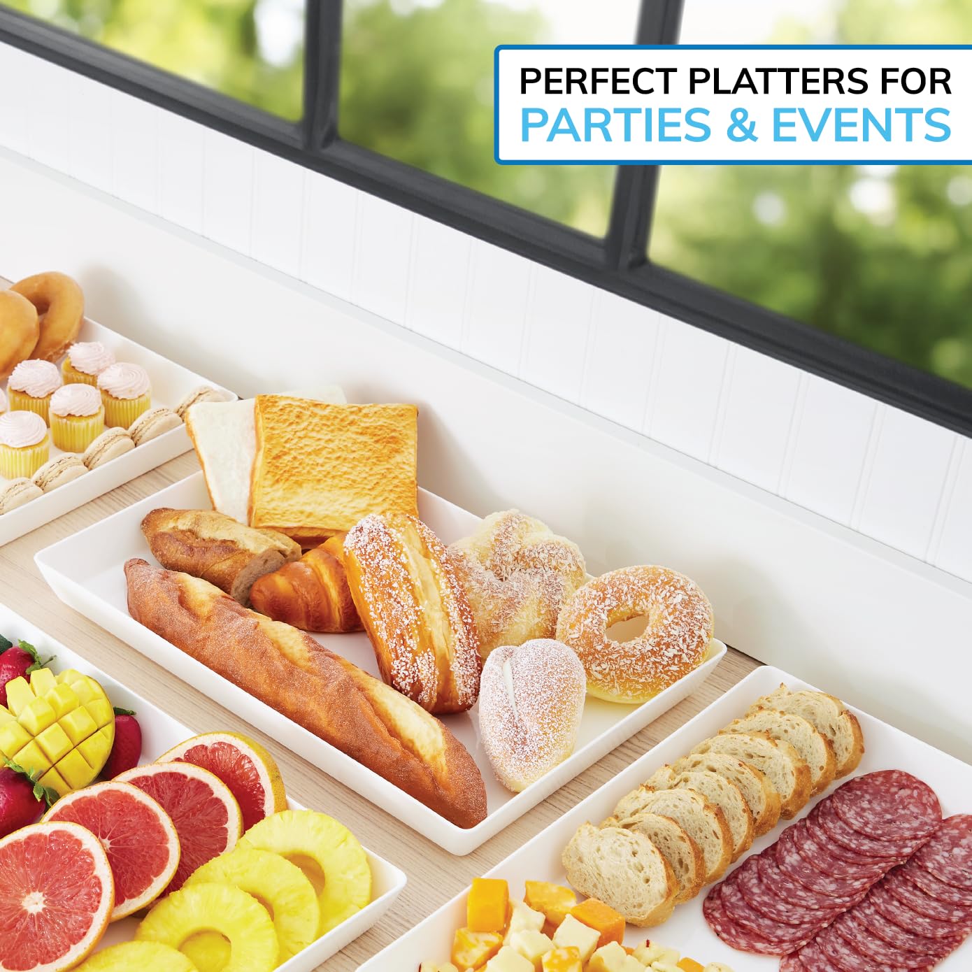 US Acrylic White Plastic Serving Trays (Set of 4) 15” x 10” | Large Unbreakable Reusable Rectangular Party Platters | Serve Appetizers, Fruit, Veggies, & Desserts | BPA-Free & Made in USA