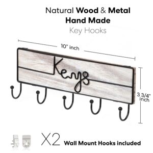 SNAP INVENT Wall Mounted Key Hooks for Hanging and Holding Keys - Entryway Keys Organizer - Handmade Metal Ornament with Natural Wood (White)