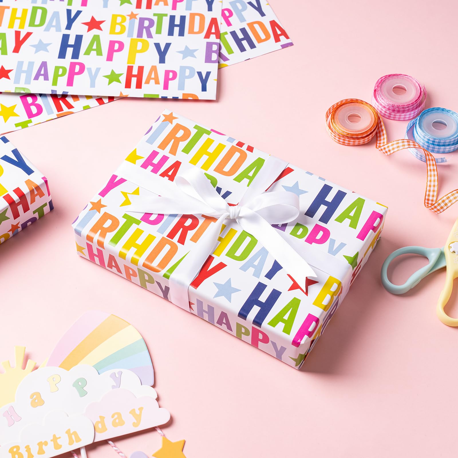 WRAPAHOLIC Birthday Wrapping Paper Sheet - 6 Sheets Colorful Happy Birthday Design Folded Flat for Birthday, Baby Shower, Party, Holiday - 19.7 Inch X 27.5 Inch Per Sheet