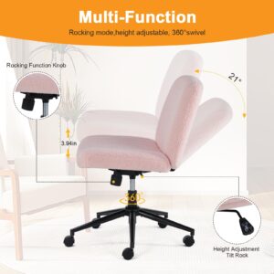 Criss Cross Legged Chair with Wheels, Home Office Desk Chair Wide Seat Fabric Armless Height Adjustable 360° Swivel Chair for Vanity/Work, Faux Fur Pink