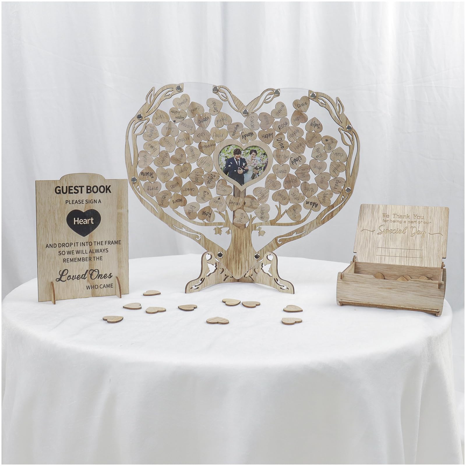 FORBFAN Wedding Guest Book Alternative, 100 Pcs Wooden Heart Drop Box Guest Book with Photo Frame, Guest Book Wedding Reception