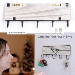 SNAP INVENT Wall Mounted Key Hooks for Hanging and Holding Keys - Entryway Keys Organizer - Handmade Metal Ornament with Natural Wood (White)