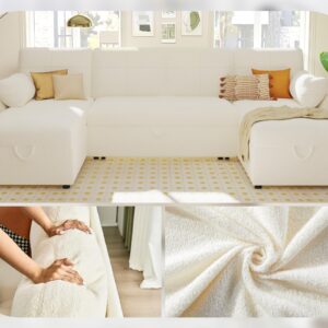 PaPaJet 110 Inch Sleeper Sofa, Oversized Pull Out Couch with Double Storage Chaise，U Shape Couches for Living Room-Offwhite Boucle