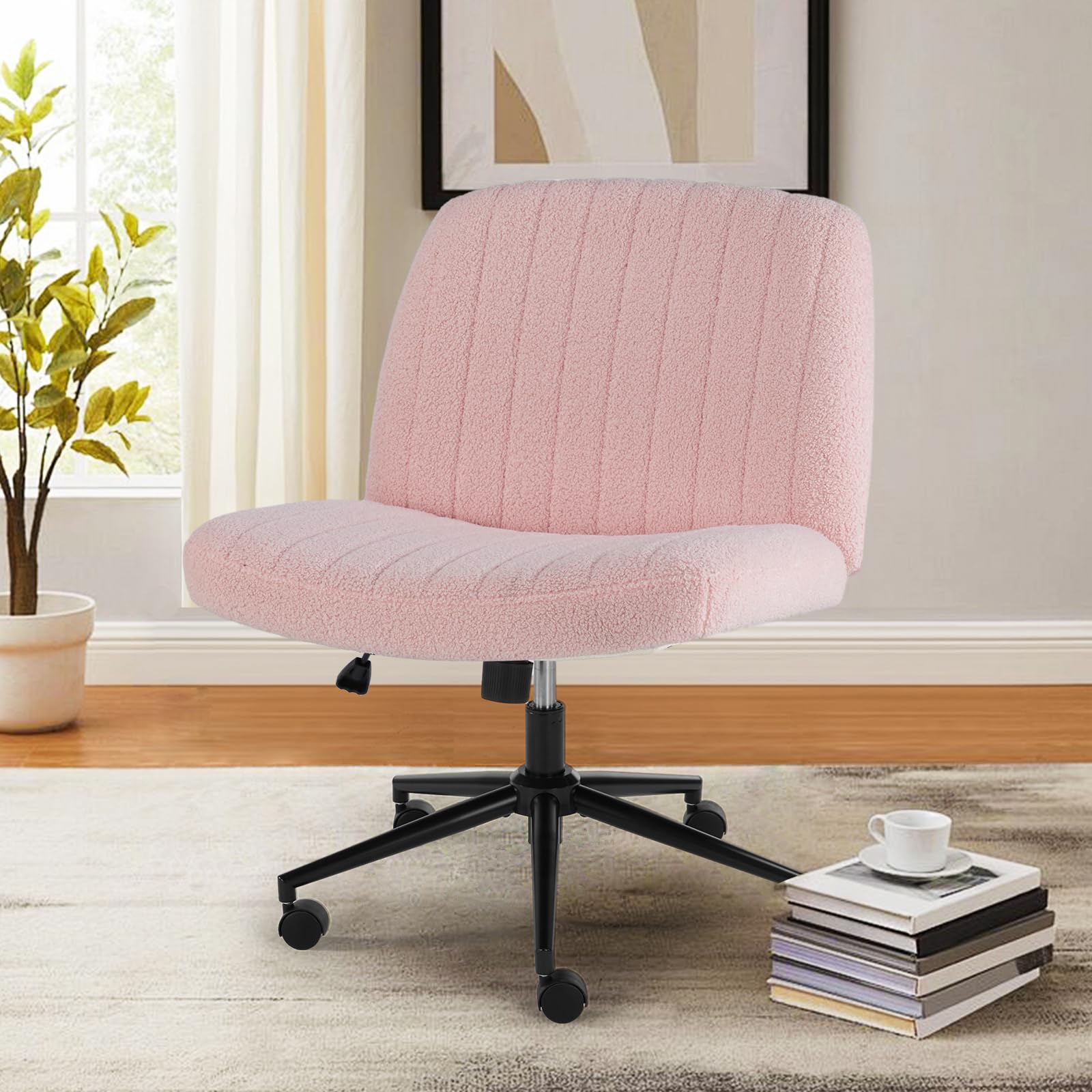 Criss Cross Legged Chair with Wheels, Home Office Desk Chair Wide Seat Fabric Armless Height Adjustable 360° Swivel Chair for Vanity/Work, Faux Fur Pink