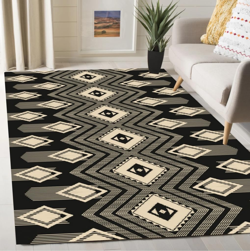 Bohemian Tribal Black Beige Washable Soft Wool Area Rugs for Living Room Bedroom Non Shedding Moroccan Southwest Carpet Under Dining Table Lux Home Office Floor Rug 6x10