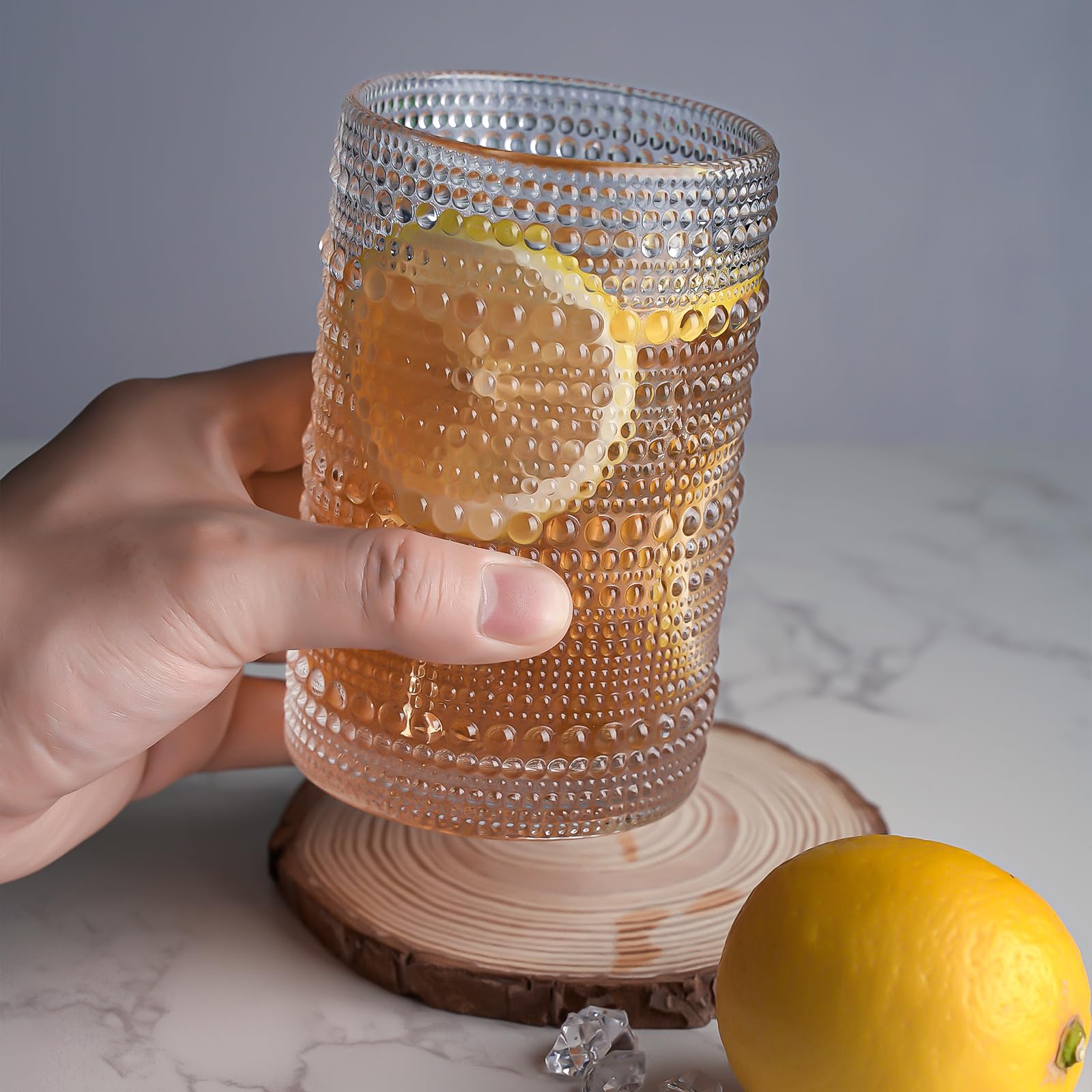 LEYU 15oz Hobnail Drinking Glasses Set of 8, Vintage Glassware Sets for Water Cocktail Whiskey and Mixed. kitchen and Bar Beaded Glass Cups, Clear Bubble Glassware Sets