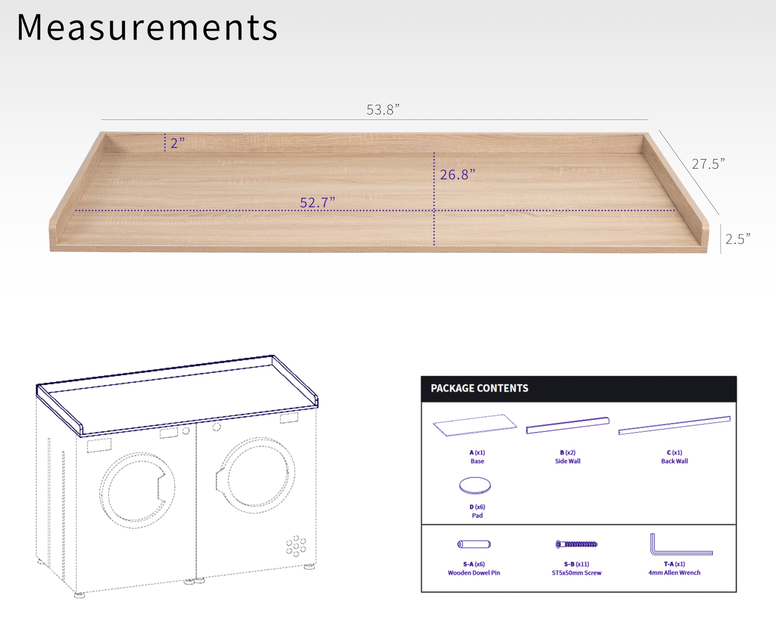 Life Finds Washer Dryer 54 inch Countertop with Safety Ledge for Laundry Room Organization, Light Wood, LF-WDCT1C