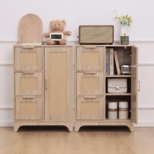 ALBAD Rattan Sideboard Cabinet with Drawers and Doors Boho Narrow Buffet/Storage Cabinets with Wood Adjustable Shelf Farmhouse Coffee Bar Cabinet for Living/Dining Room, Bathroom, Kitchen