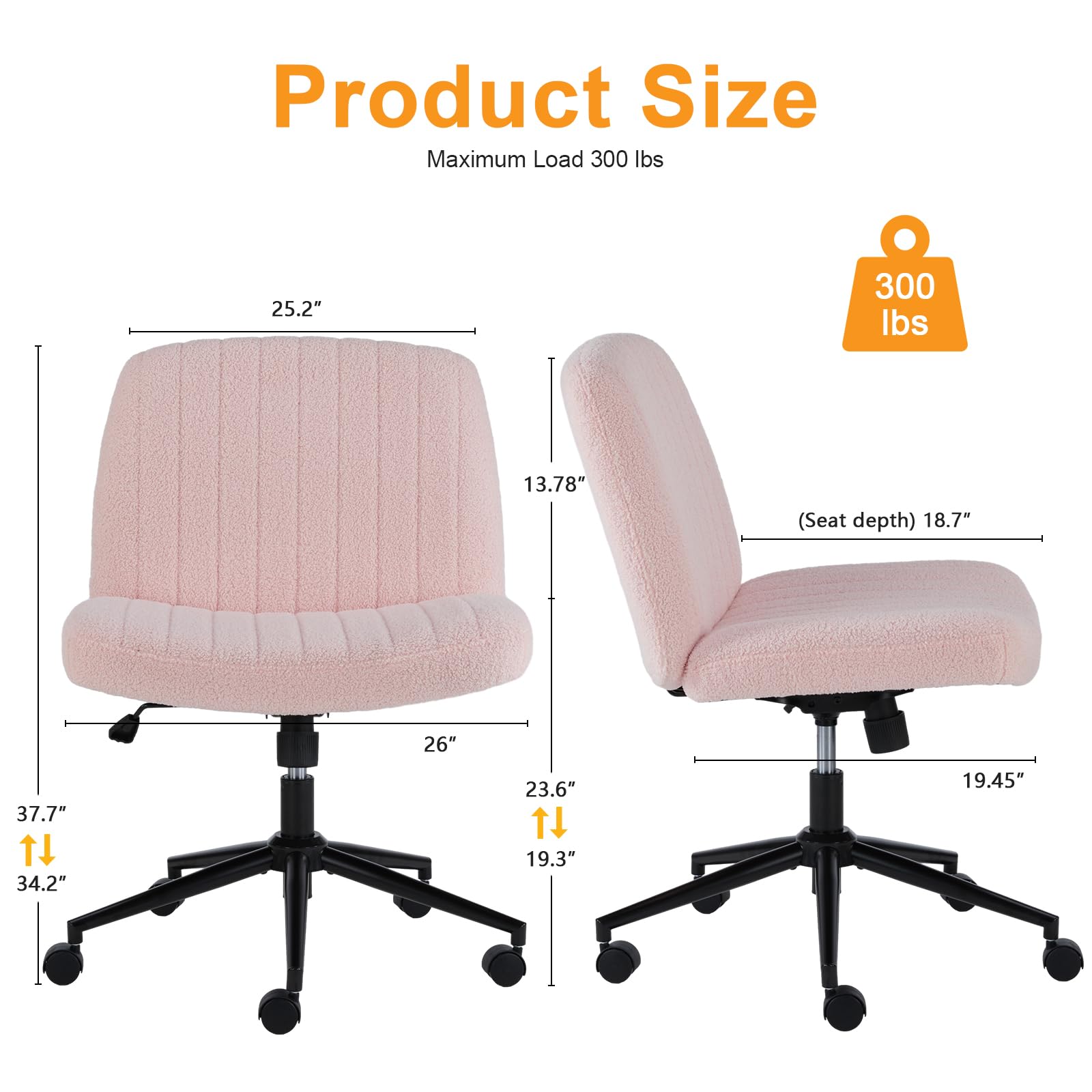 Criss Cross Legged Chair with Wheels, Home Office Desk Chair Wide Seat Fabric Armless Height Adjustable 360° Swivel Chair for Vanity/Work, Faux Fur Pink