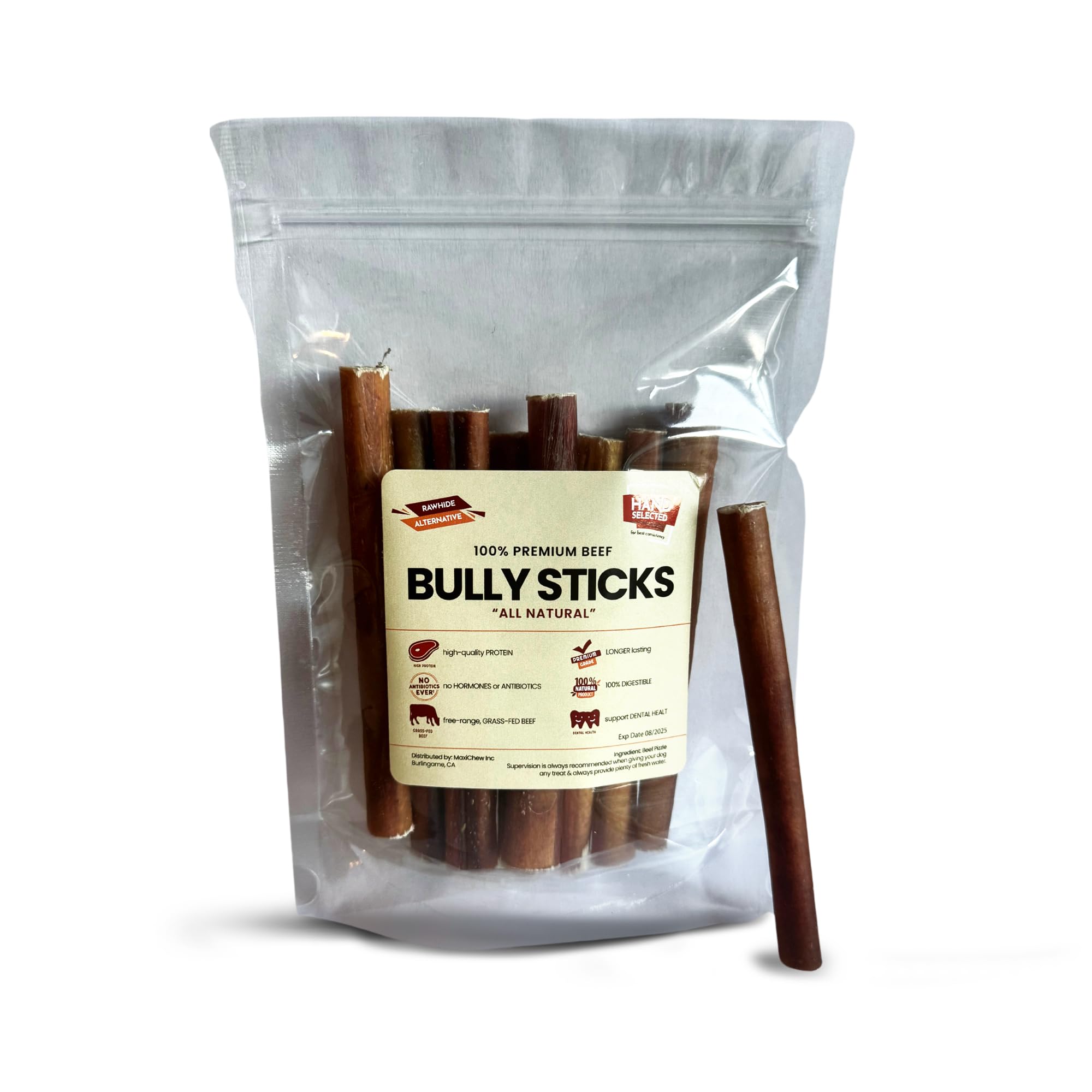 MaxiChew Odor-Free Bully Sticks(6 Inch, Pack of 10), Non-GMO, Fully Digestaible 100% Beef Pizzle Chews, Grain_Free, Grass-Fed, Best Dental Treat, Natural Long-Lasting, Premium Chews for Dogs