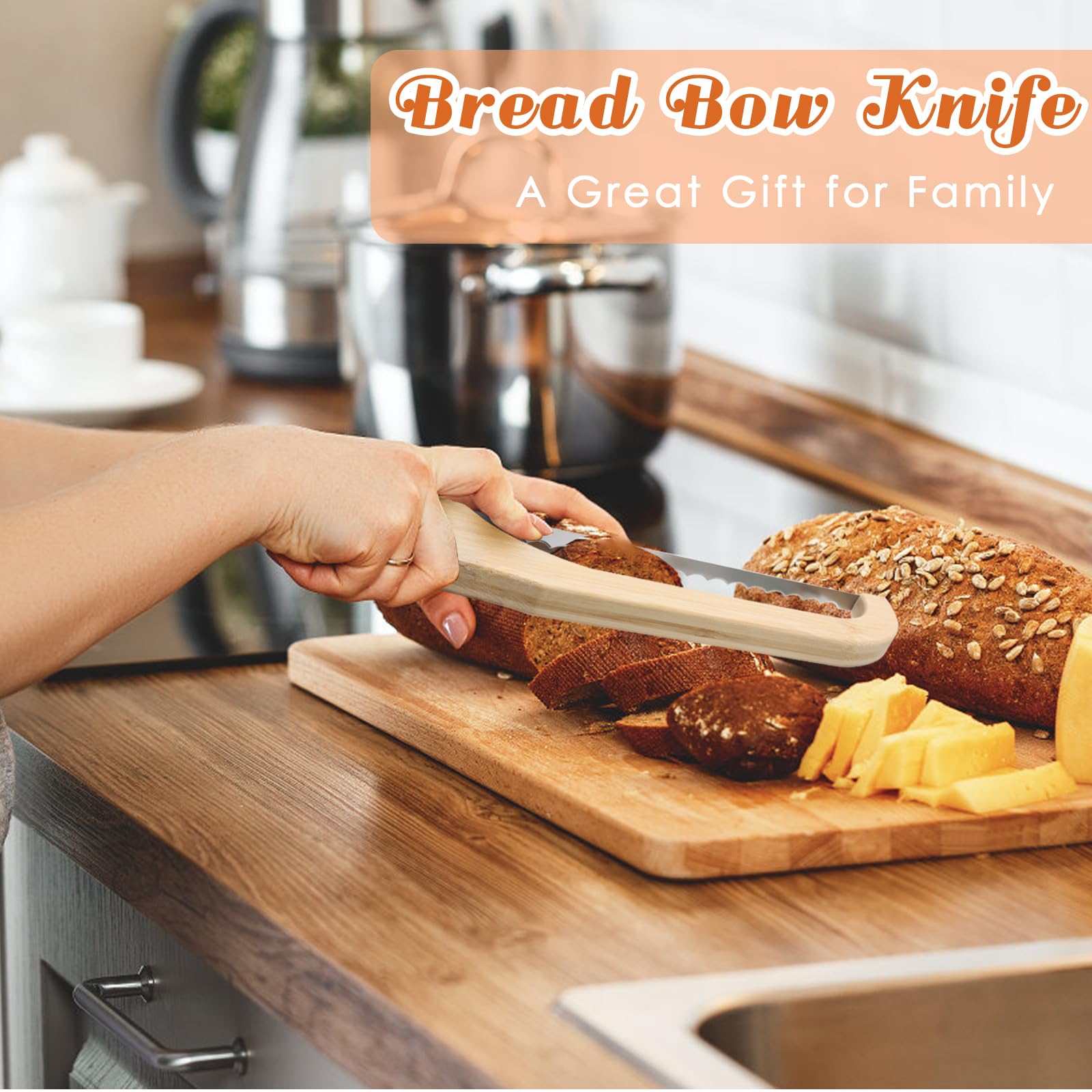 Anglecai Wooden Bread Bow Knife, 15.7'' Sourdough Bread Knife Homemade Bread Serrated Slicer Cutter, Premium Stainless Steel Bagel Bread Knife Fiddle Bow Design for Easy Cutting Bread