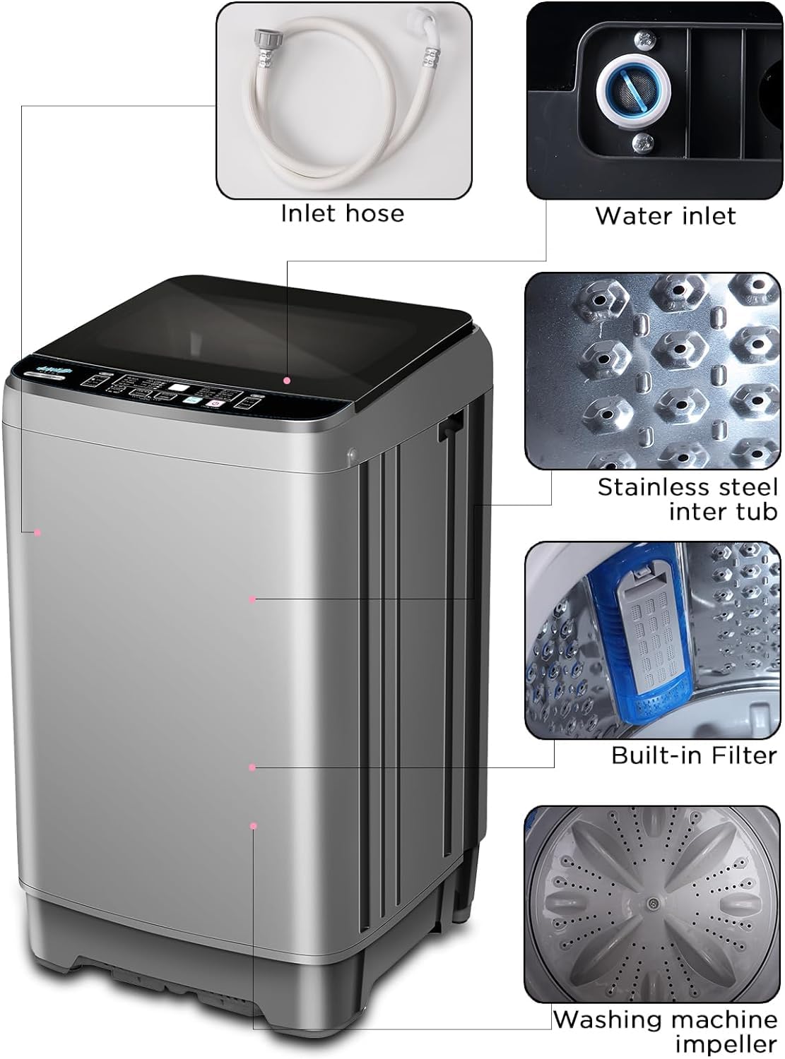 KRIB BLING Full-Automatic Washing Machine 25 lbs Portable Washer 10 Wash Program & 8 Water Level with LED Display，Drain Pump, Ideal for Apartments, RV, Camping, Grey