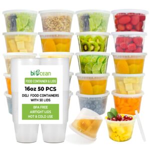 biocean 16 oz resuable deli containers with lids freezer food storage containers airtight bulk 50 set bpa-free plastic soup container microwave leakproof deli cups for meal prep,leftover-home/takeout