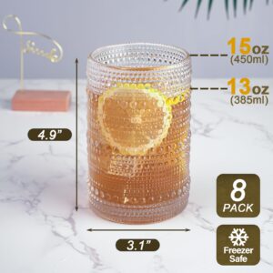 LEYU 15oz Hobnail Drinking Glasses Set of 8, Vintage Glassware Sets for Water Cocktail Whiskey and Mixed. kitchen and Bar Beaded Glass Cups, Clear Bubble Glassware Sets