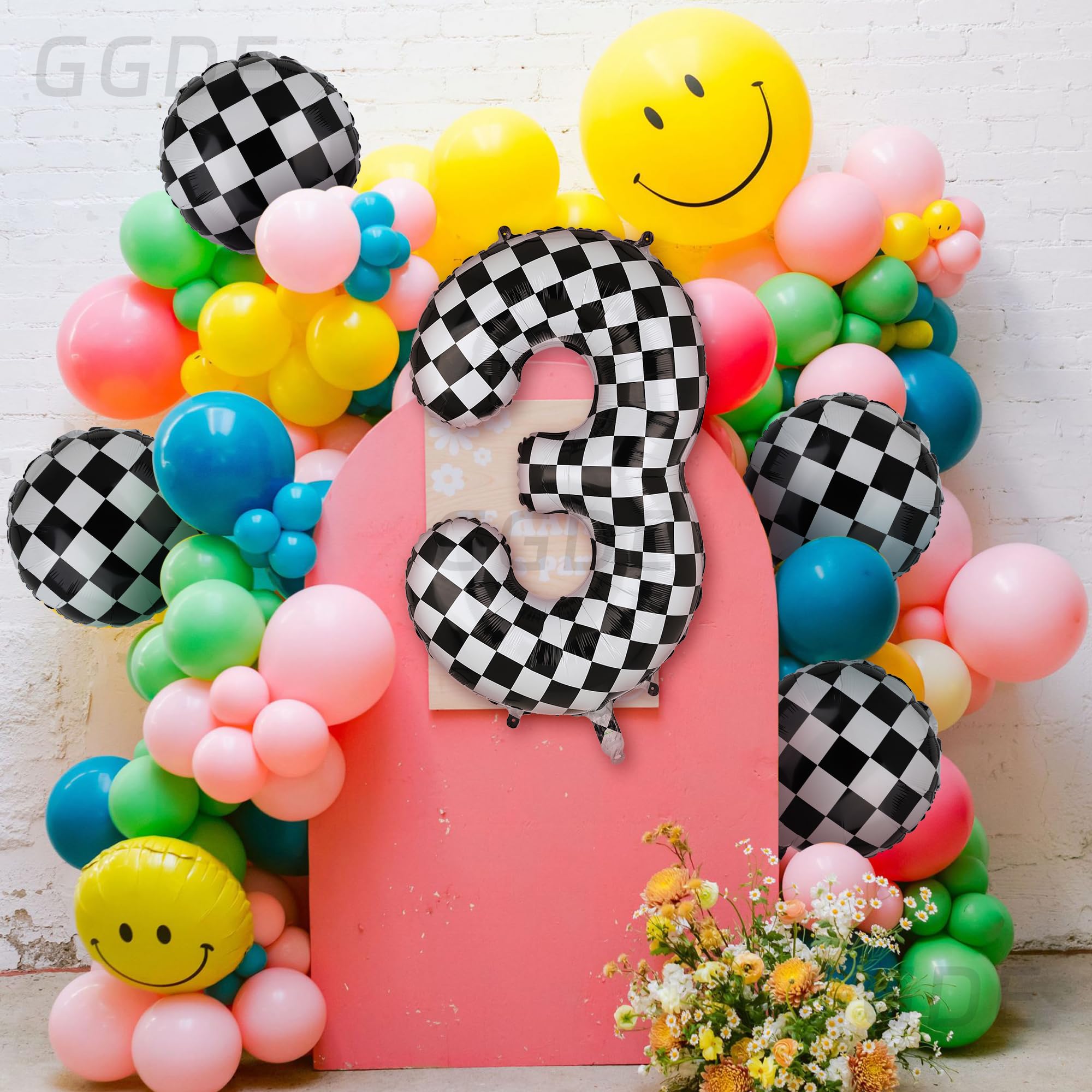 40 Inch Checkered Number Balloon 3 Black and White Race Car Birthday Balloons Baby Hippie Smile Party Shower Boys 3rd Birthday Race Car Theme Party Decor Supplies 5 Pcs