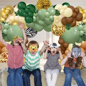 iLaFm 142pcs Safari Jungle Wild One Balloon Garland Arch Kit Sage Green and Brown Balloons with Animal Print Balloons Palm Leaves for Woodland Tropical Birthday Party Supplies Baby Shower Decorations