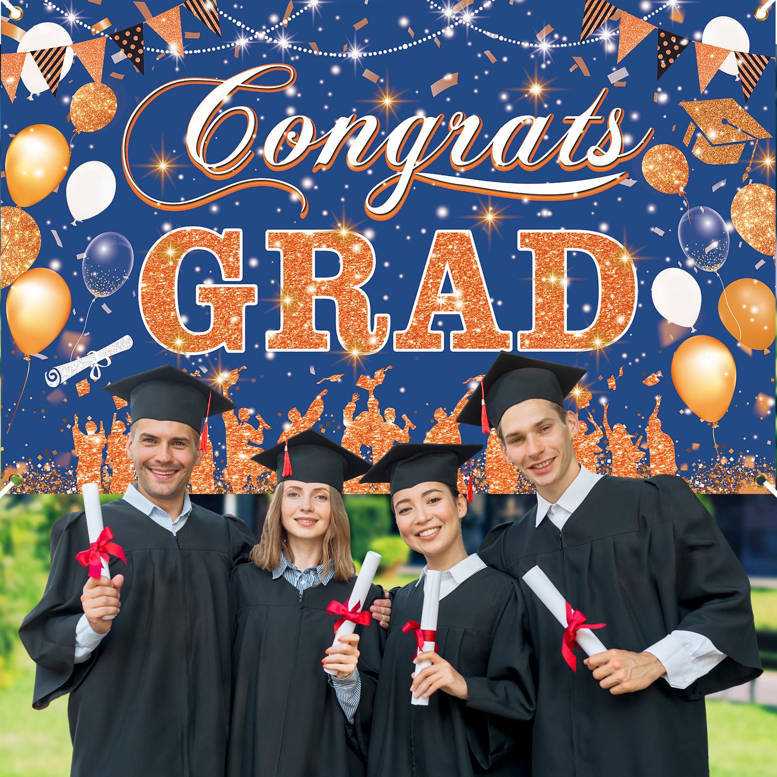 Blue Orange Graduation Decoration Banner, Blue Orange Congrats Grad Banner 2024 Blue Orange Graduation Party Banner for Class of 2024 High School College Graduation Party 70.8x43.3 inch