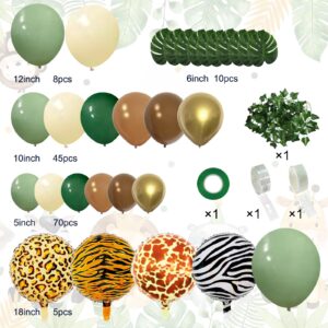 iLaFm 142pcs Safari Jungle Wild One Balloon Garland Arch Kit Sage Green and Brown Balloons with Animal Print Balloons Palm Leaves for Woodland Tropical Birthday Party Supplies Baby Shower Decorations