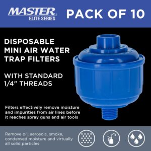 Master Elite Pack of 10 Disposable Mini Air Water Trap Filters with Standard 1/4" Threads - Effectively Removes Moisture Before it Reaches Spray Guns and Air Tools