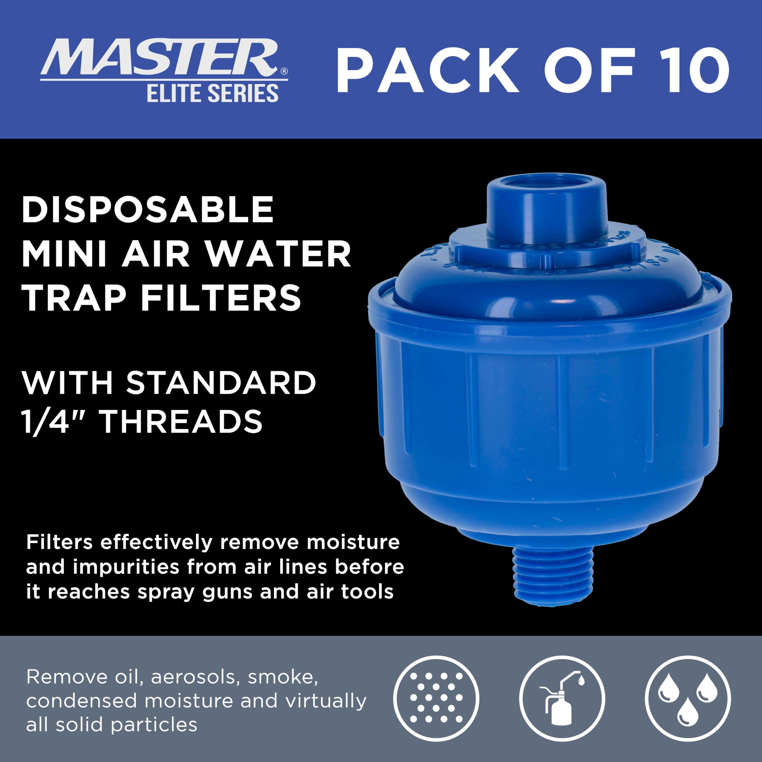 Master Elite Pack of 10 Disposable Mini Air Water Trap Filters with Standard 1/4" Threads - Effectively Removes Moisture Before it Reaches Spray Guns and Air Tools