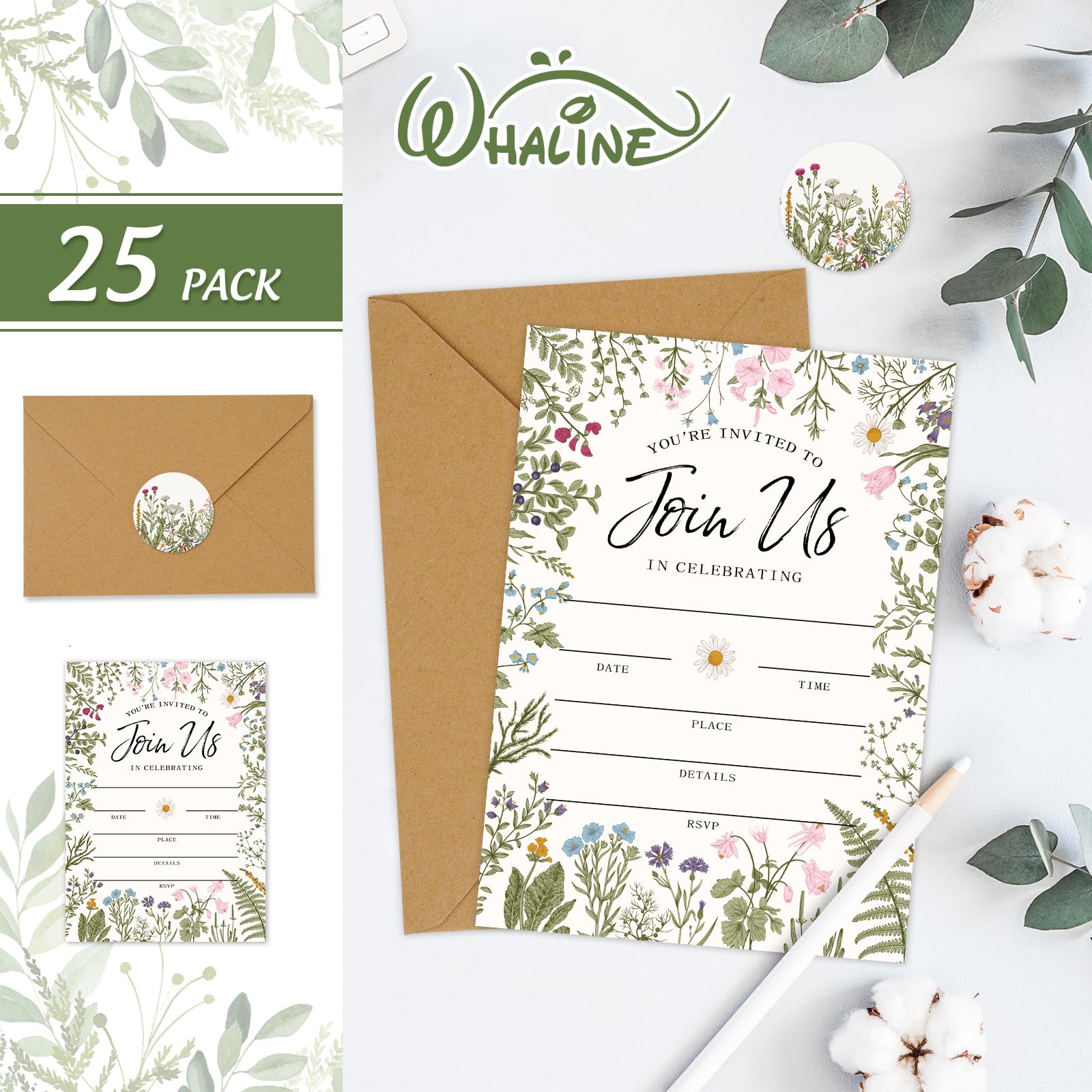 Whaline 25 Packs Vintage Floral Invitations with Envelopes and Stickers Retro Wildflower Invitation Cards Flower Blank Invites for Wedding Birthday Bridal Baby Shower Party, 5 x 7 Inch