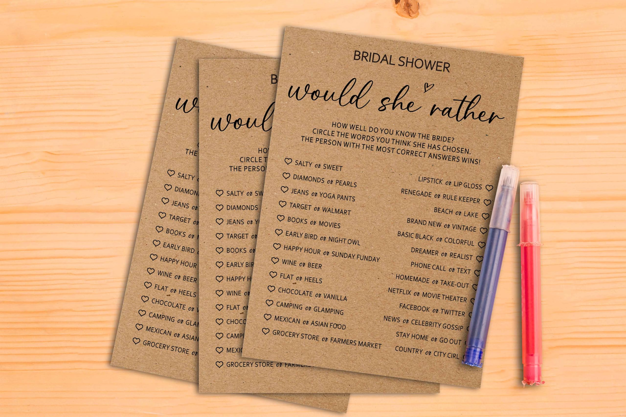 HEZNZXQ Rustic Kraft Wedding Games, Would She Rather Minimalist Bridal Shower Games, Engagement/Bachelorette Party Decorations, 5" x 7" Double-Sided Games Cards(25 Pack)-A03