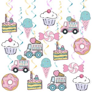 sweet comic ice cream donut hanging swirl party decor, pastel cartoon 2d comic donut/candy party ceiling streamers for girl ice cream theme birthday party kids candy wedding baby shower party supplies