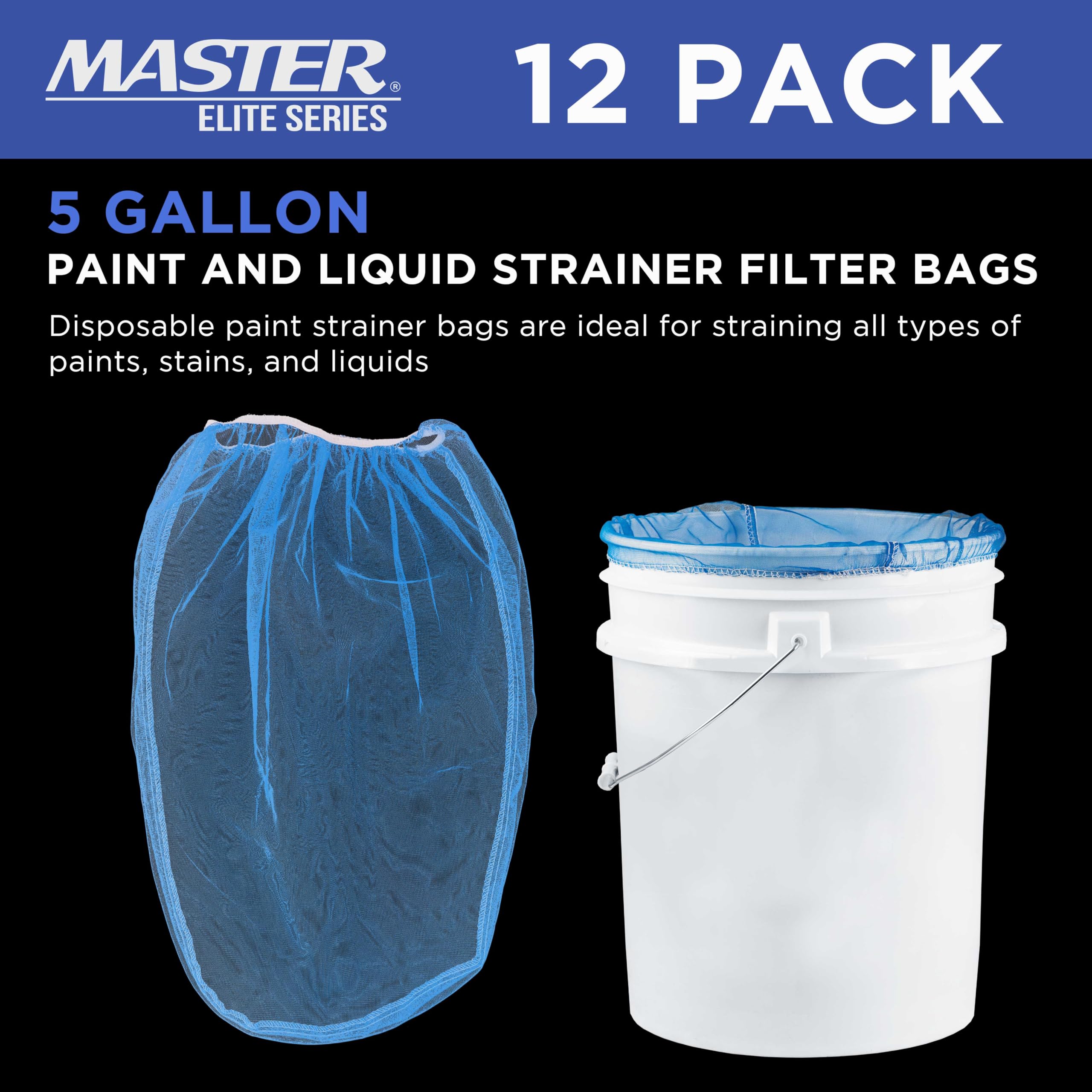 Master Elite 5 Gallon Paint & Liquid Strainer Filter Bag with Pure Blue Fine Nylon Mesh, Pack of 12 - Used in 5 Gallon Buckets, Disposable Filtering Bag, Elastic Top Opening - Hydroponics, Gardening