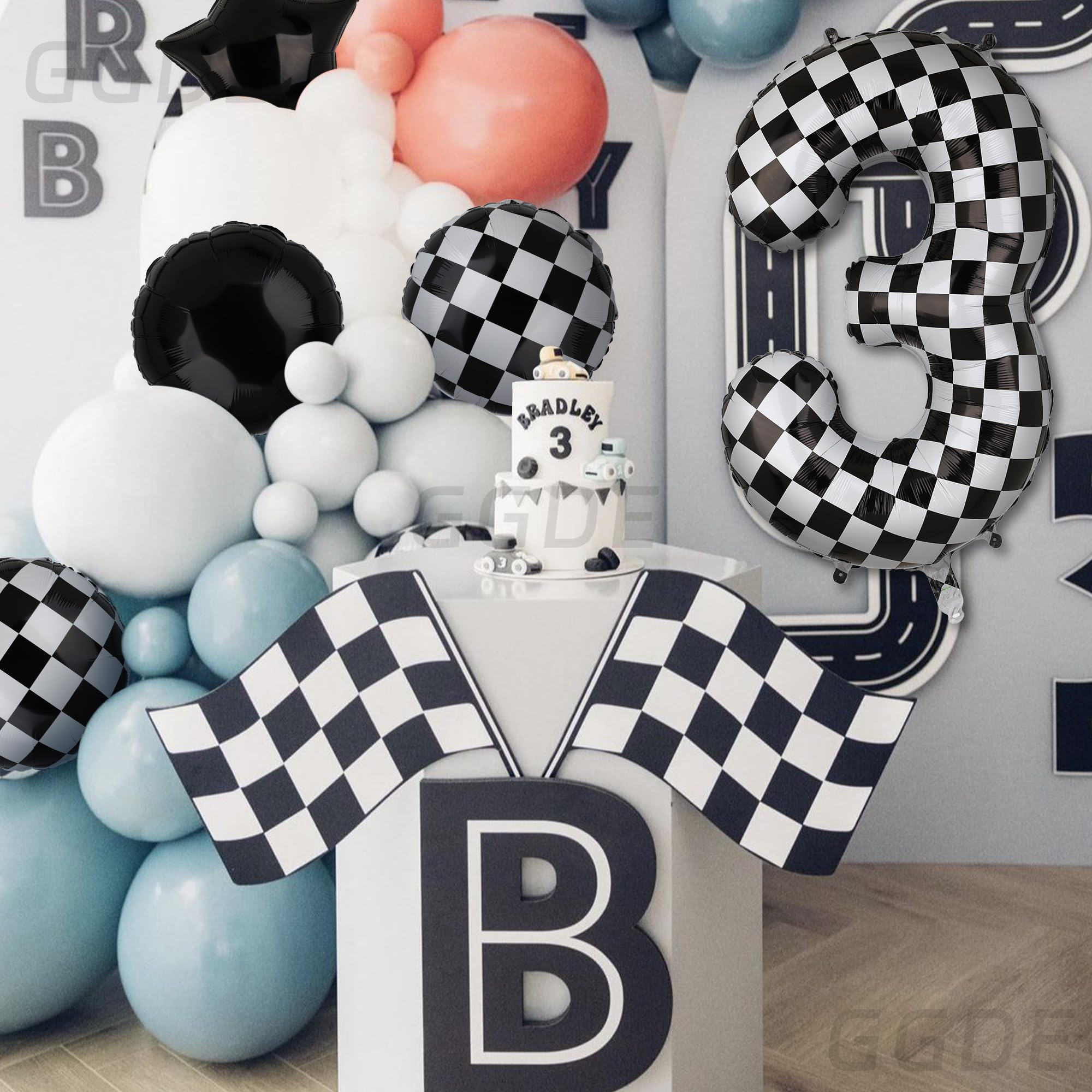 40 Inch Checkered Number Balloon 3 Black and White Race Car Birthday Balloons Baby Hippie Smile Party Shower Boys 3rd Birthday Race Car Theme Party Decor Supplies 5 Pcs