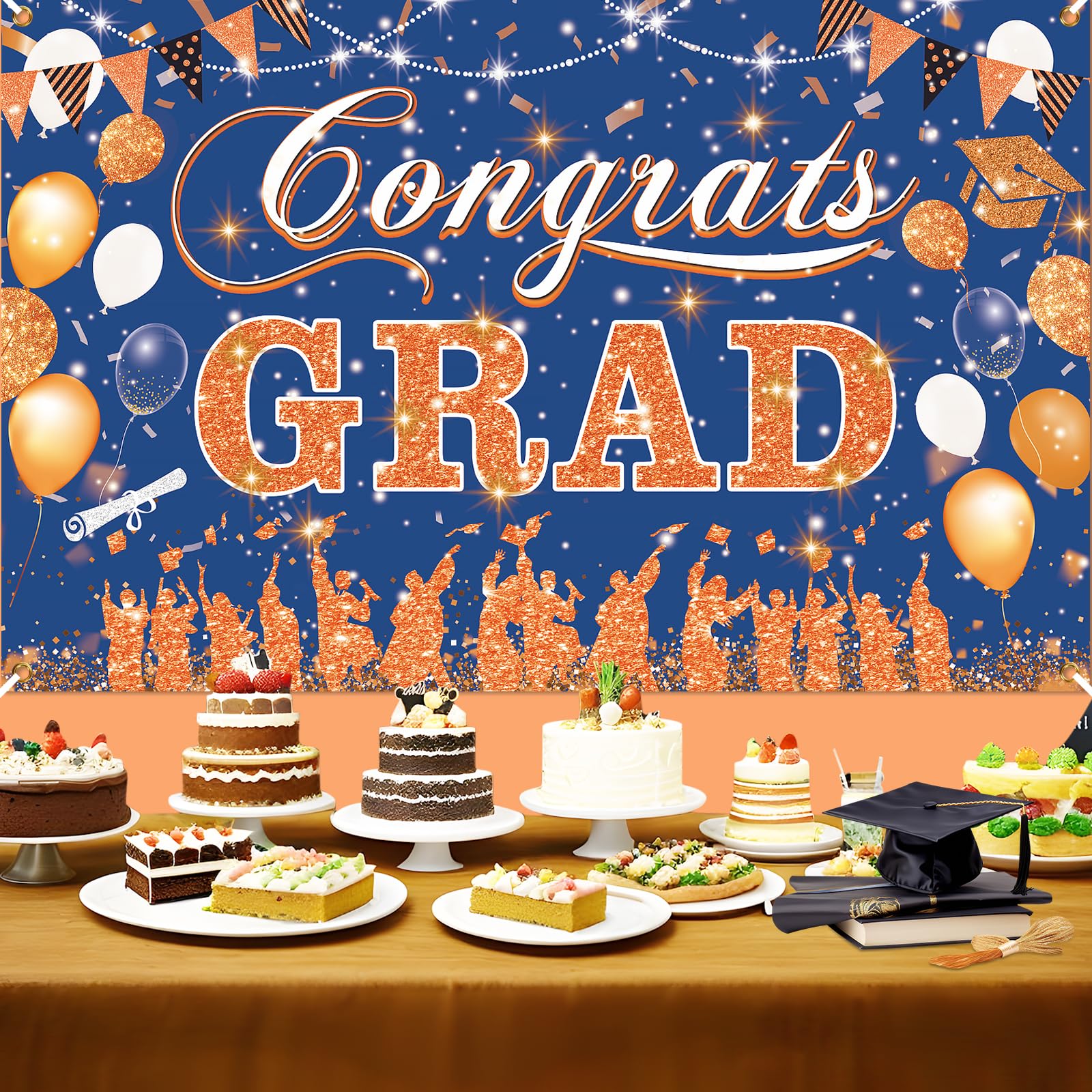 Blue Orange Graduation Decoration Banner, Blue Orange Congrats Grad Banner 2024 Blue Orange Graduation Party Banner for Class of 2024 High School College Graduation Party 70.8x43.3 inch