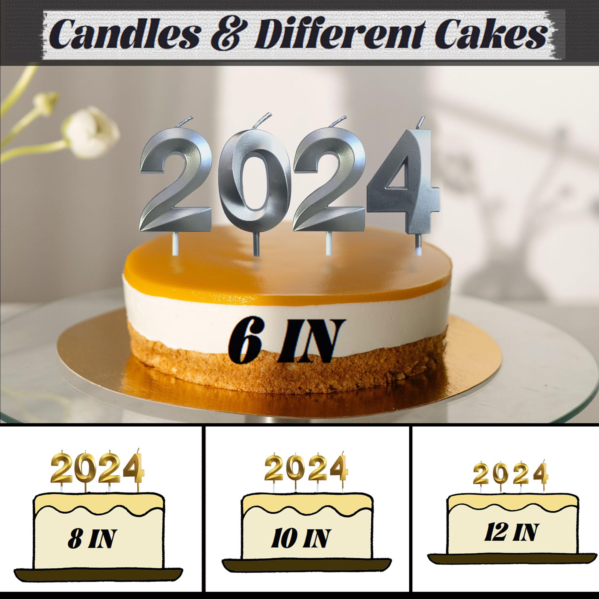 2024 Candles Graduation Decorations Class of 2024 Cake Topper Number 2024 Candle New Years Happy Birthday Party Supplies Gold Party Decor