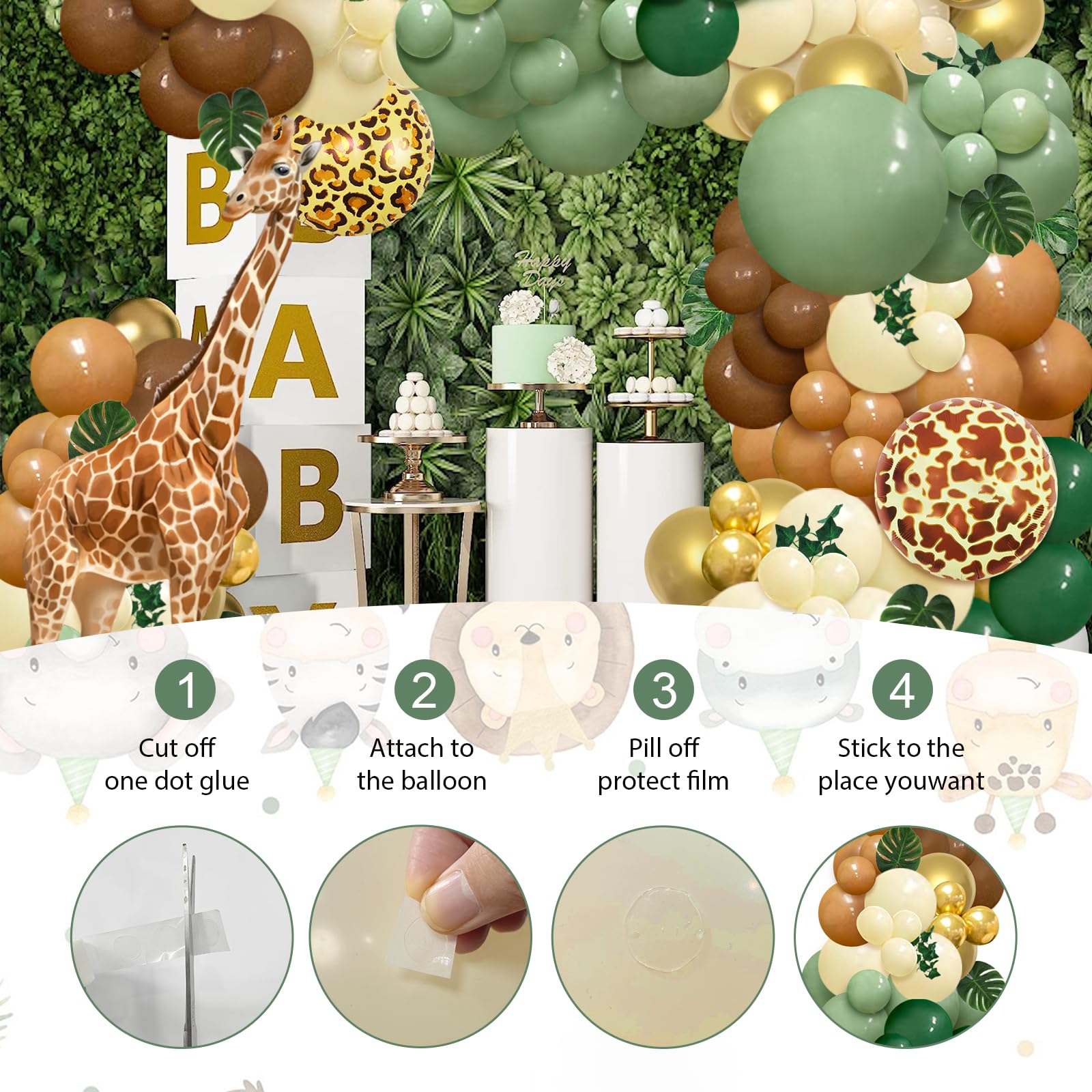 iLaFm 142pcs Safari Jungle Wild One Balloon Garland Arch Kit Sage Green and Brown Balloons with Animal Print Balloons Palm Leaves for Woodland Tropical Birthday Party Supplies Baby Shower Decorations