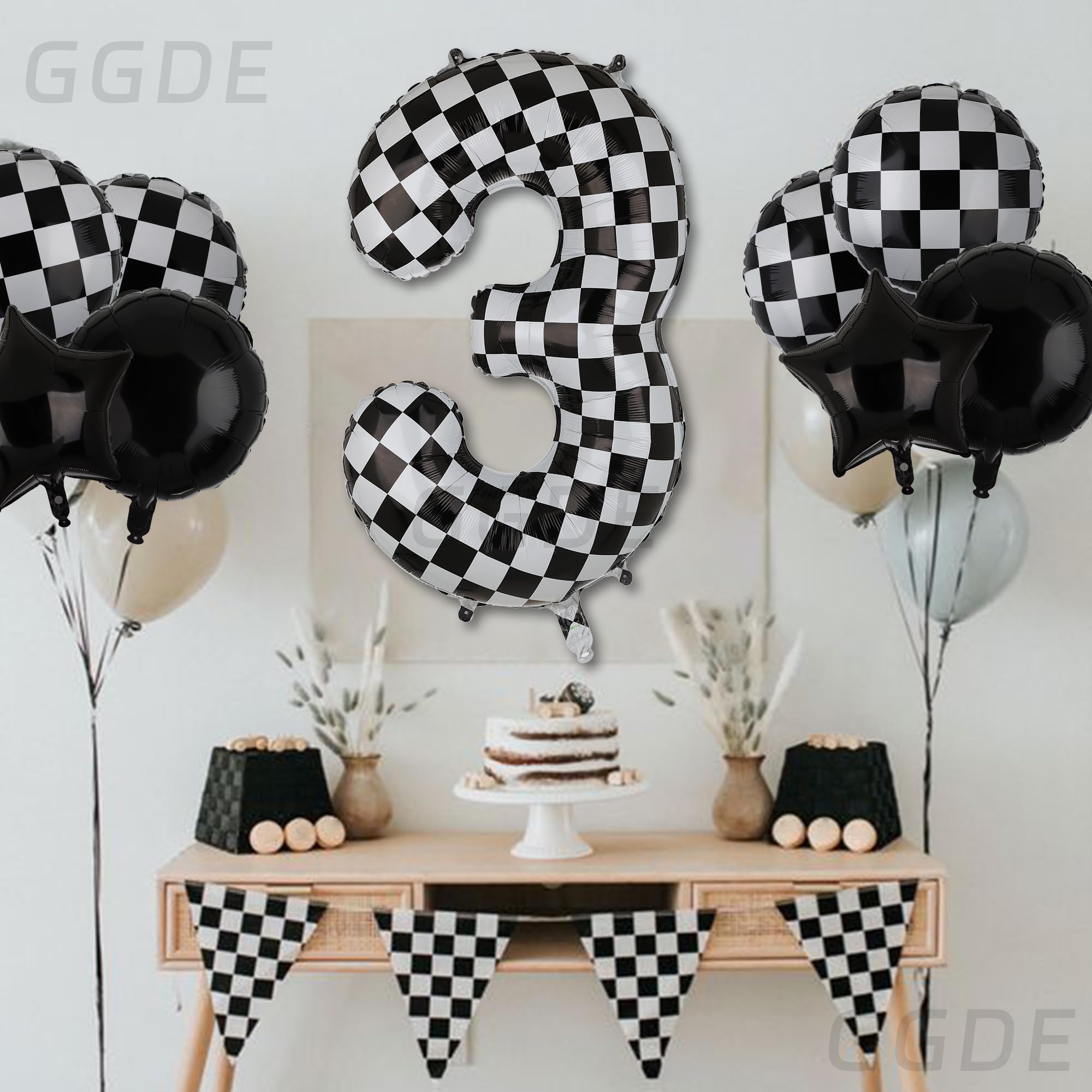 40 Inch Checkered Number Balloon 3 Black and White Race Car Birthday Balloons Baby Hippie Smile Party Shower Boys 3rd Birthday Race Car Theme Party Decor Supplies 5 Pcs