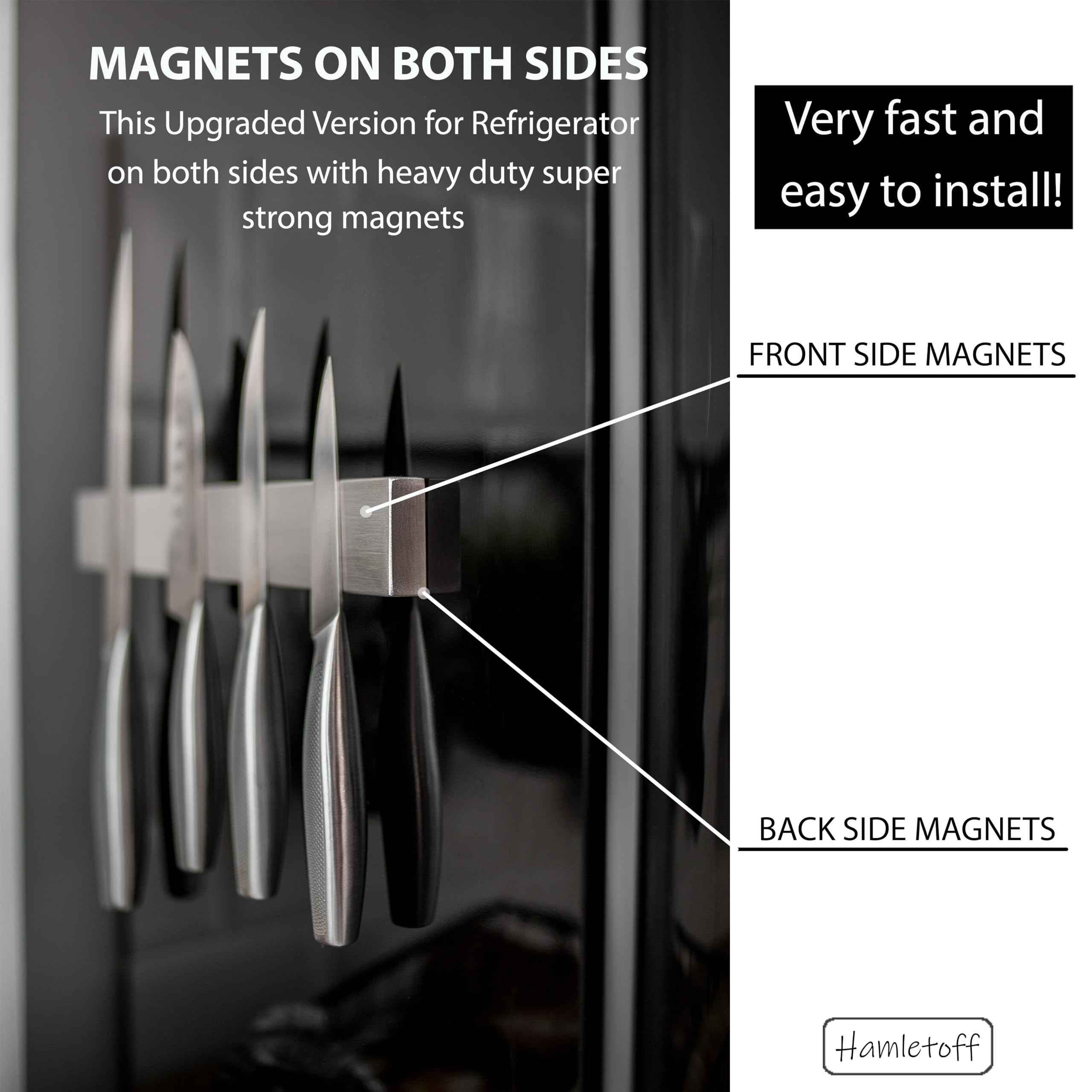 Hamletoff Premium Magnetic Knife Holder for Refrigerator – 12 Inch Professional Double Sided Magnetic Knife Strip for Fridge - Stainless Steel Magnetic Knife Holder for Wall Self Adhesive