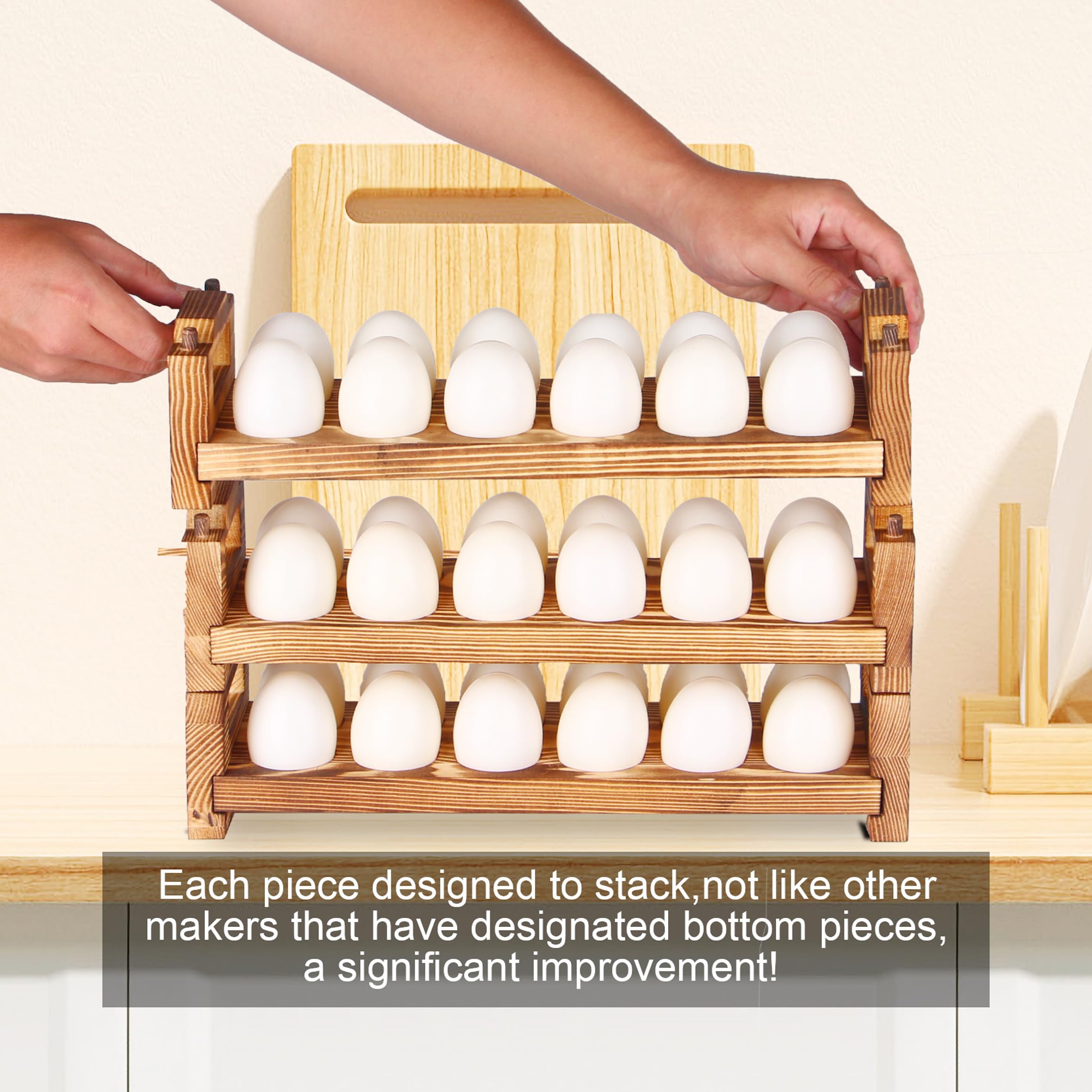 CVHOMEDECO. Wooden Egg Holder Fresh Egg Holders Countertop Firewood Egg Collecting Rack for Gathering Fresh eggs, Stackable with 36 eggs, Home Kitchen Organizer, Set of 3 PCS